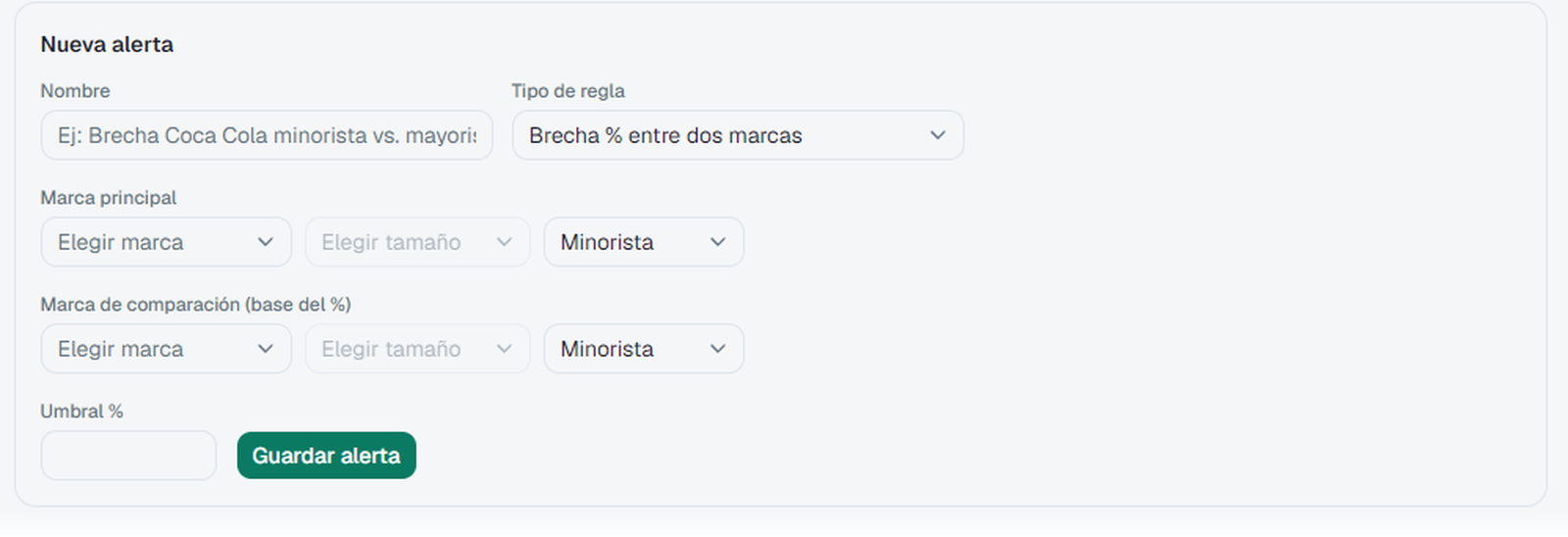 Alta de una alerta: tipo de regla, marcas a comparar y umbral.